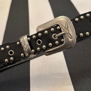 Studded Black Leather Belt with Silver Buckle